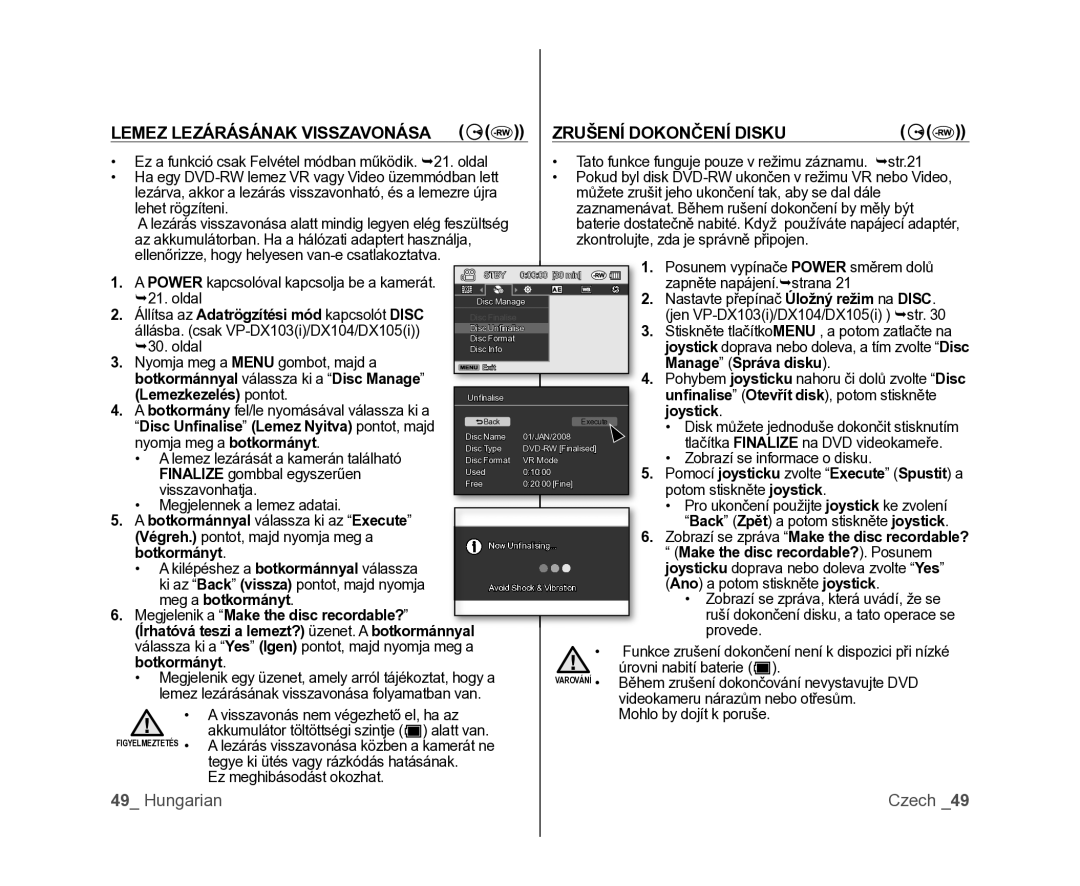 Samsung VP-DX100/XEO manual Lemez Lezárásának Visszavonása Zrušení Dokončení Disku 