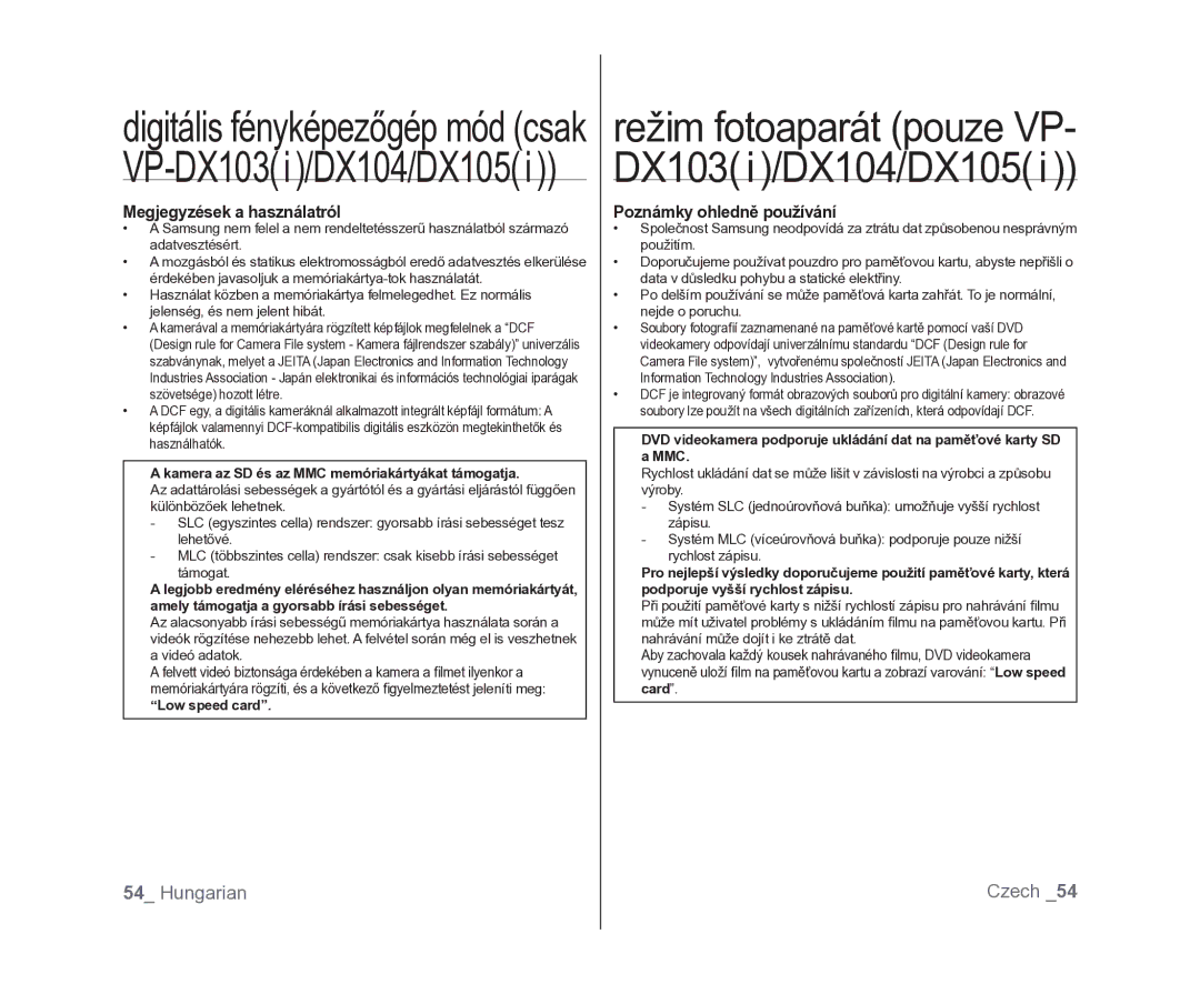 Samsung VP-DX100/XEO manual Megjegyzések a használatról, Poznámky ohledně používání, Low speed card 