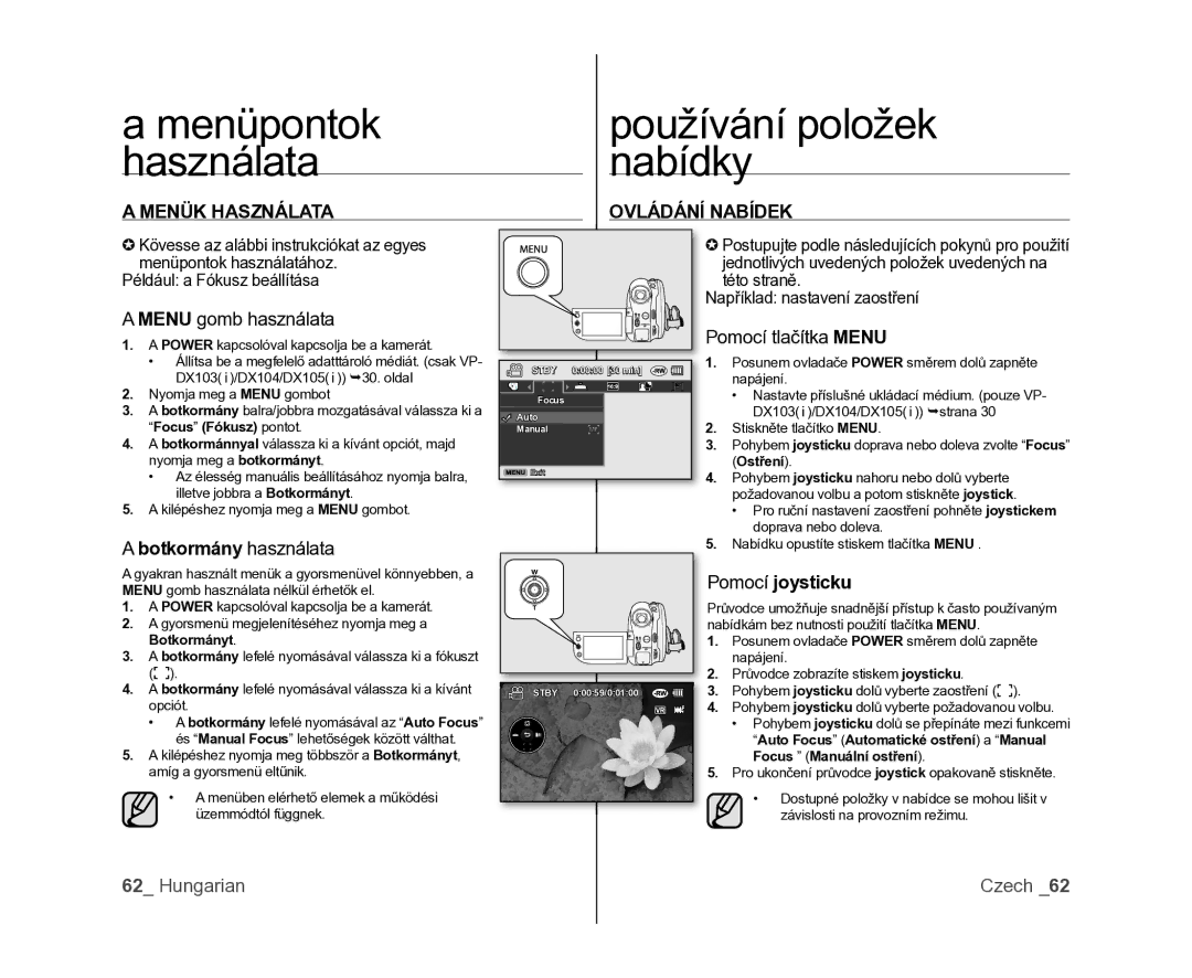 Samsung VP-DX100/XEO Menüpontok Používání položek Használata Nabídky, Menük Használata Ovládání Nabídek, Pomocí joysticku 