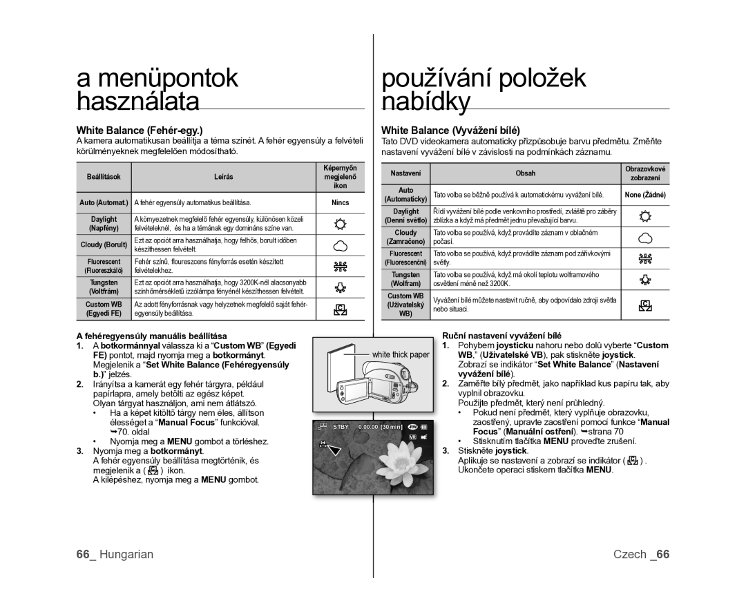 Samsung VP-DX100/XEO manual White Balance Fehér-egy, White Balance Vyvážení bílé, Ruční nastavení vyvážení bílé 