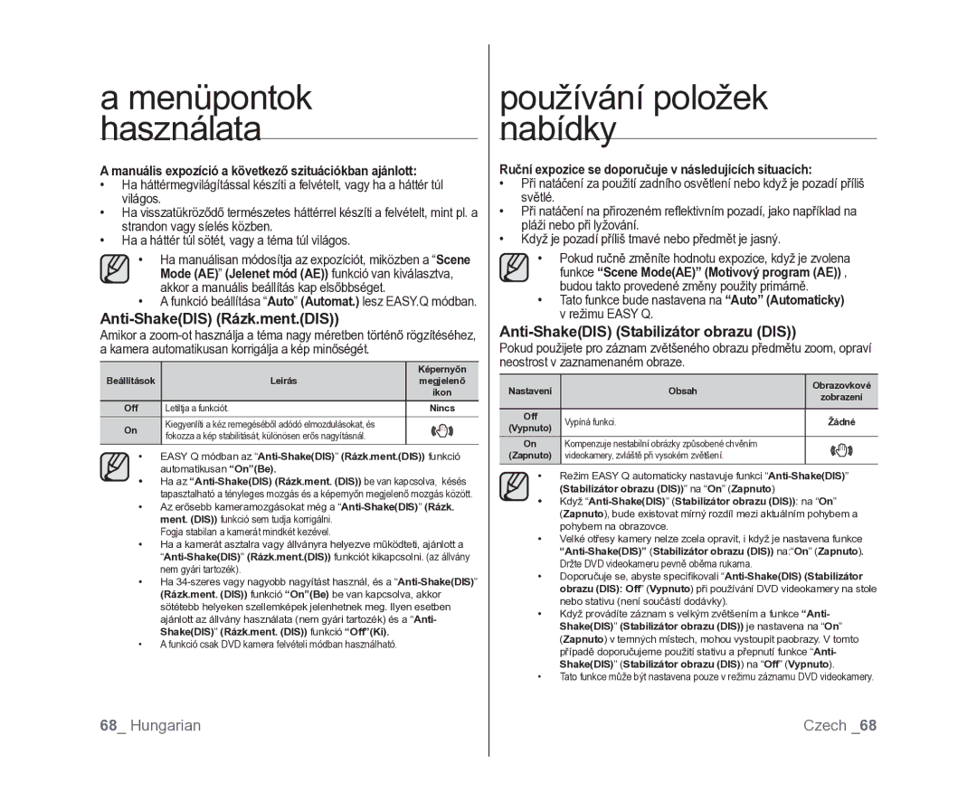 Samsung VP-DX100/XEO manual Anti-ShakeDIS Rázk.ment.DIS, Anti-ShakeDIS Stabilizátor obrazu DIS 