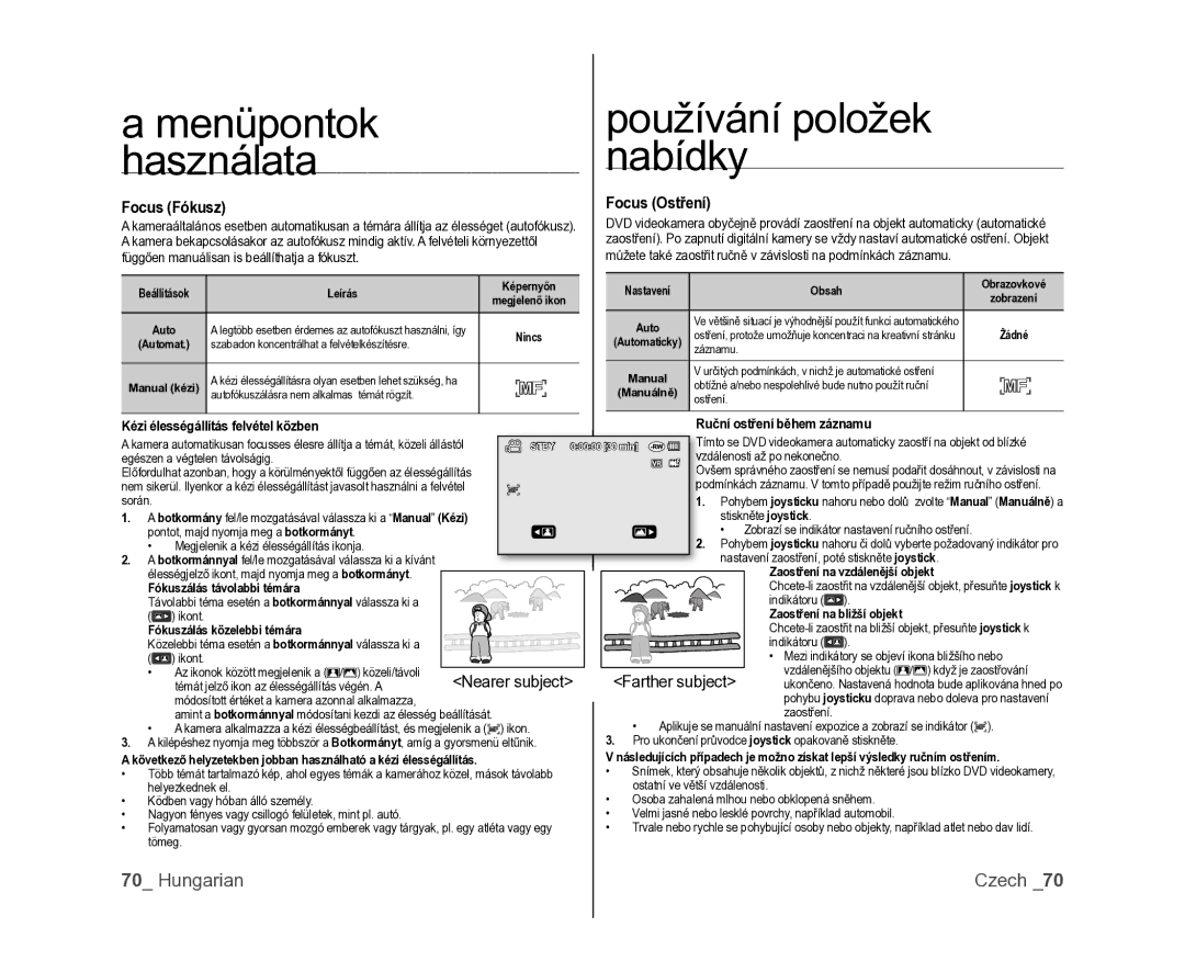 Samsung VP-DX100/XEO manual Focus Fókusz, Focus Ostření, Nearer subject Farther subject 