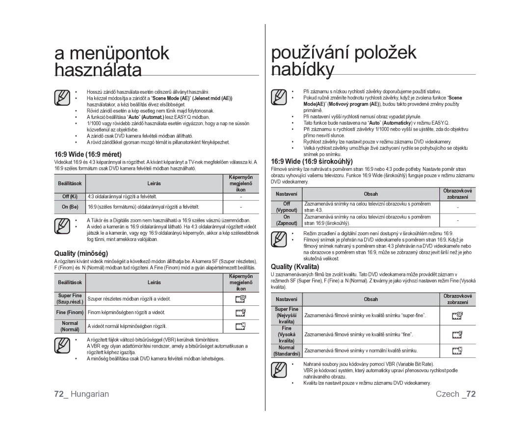 Samsung VP-DX100/XEO manual Wide 169 méret, Quality minőség, Wide 169 širokoúhlý, Quality Kvalita 