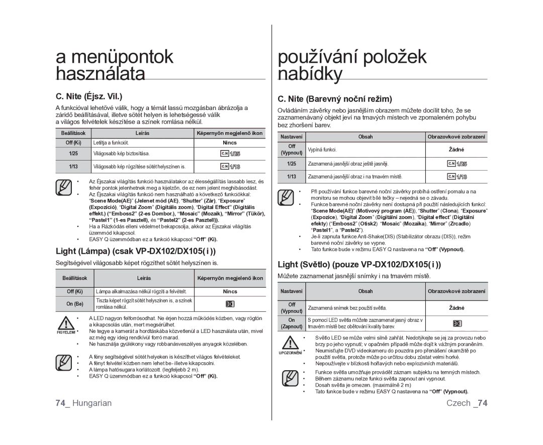 Samsung VP-DX100/XEO manual Nite Éjsz. Vil, Light Lámpa csak VP-DX102/DX105, Nite Barevný noční režim 