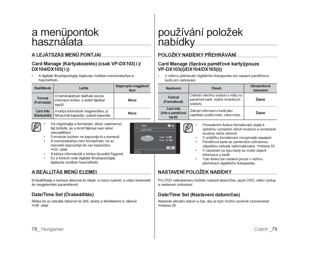 Samsung VP-DX100/XEO Lejátszás Menü Pontjai, Položky Nabídky Přehrávání, Beállítás Menü Elemei, Nastavení Položek Nabídky 