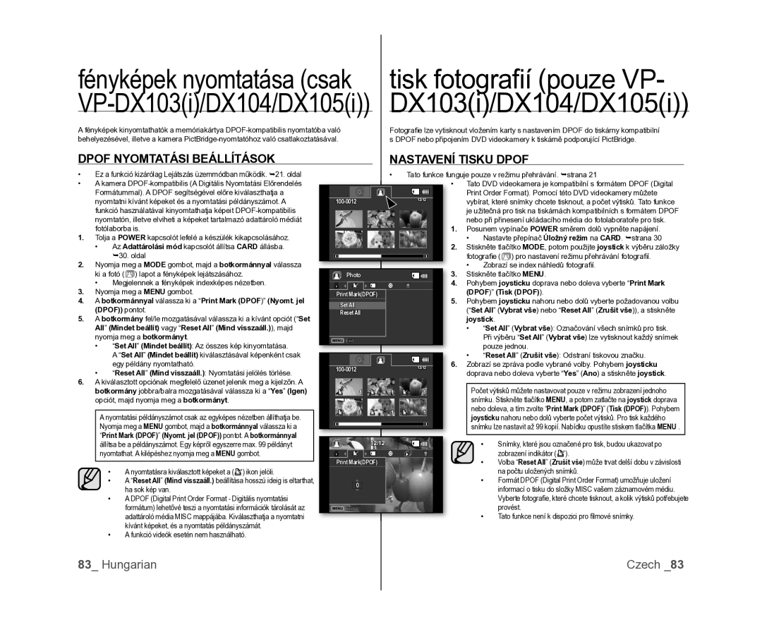 Samsung VP-DX100/XEO manual Dpof Nyomtatási Beállítások Nastavení Tisku Dpof, Dpof Tisk Dpof 