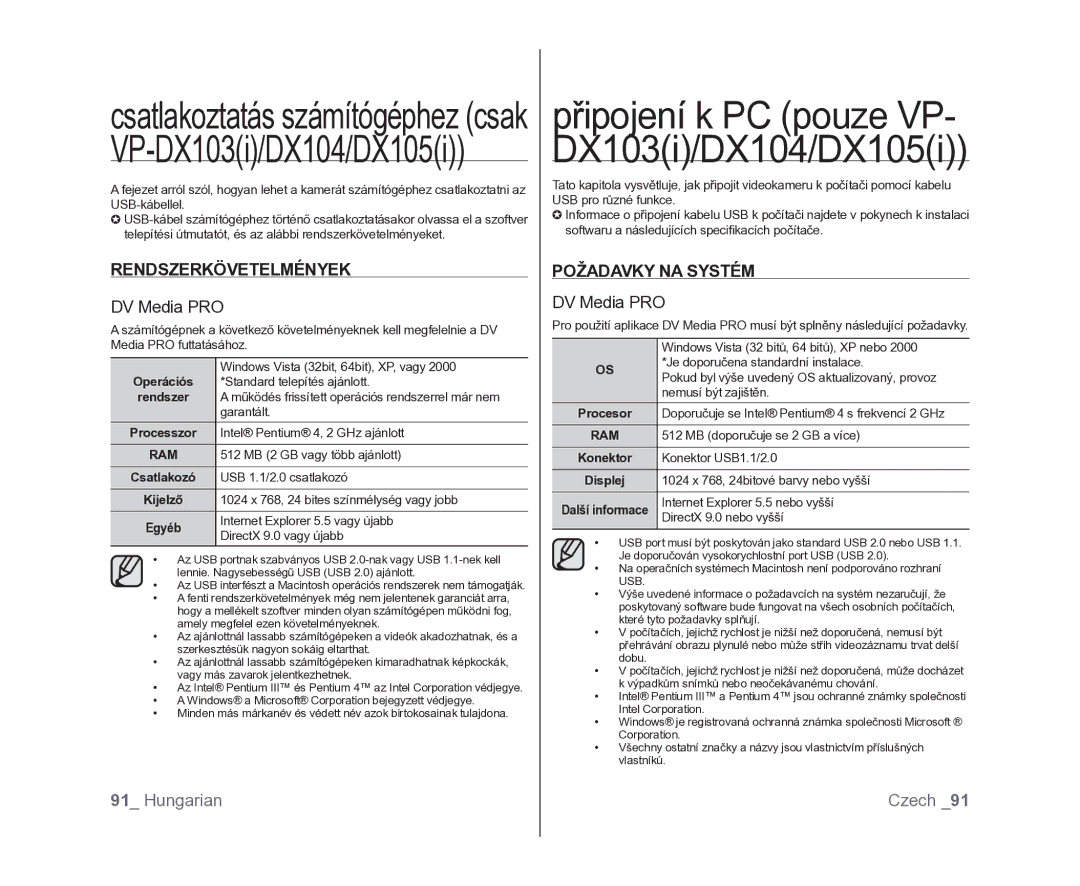 Samsung VP-DX100/XEO manual Rendszerkövetelmények, DV Media PRO, Požadavky NA Systém 