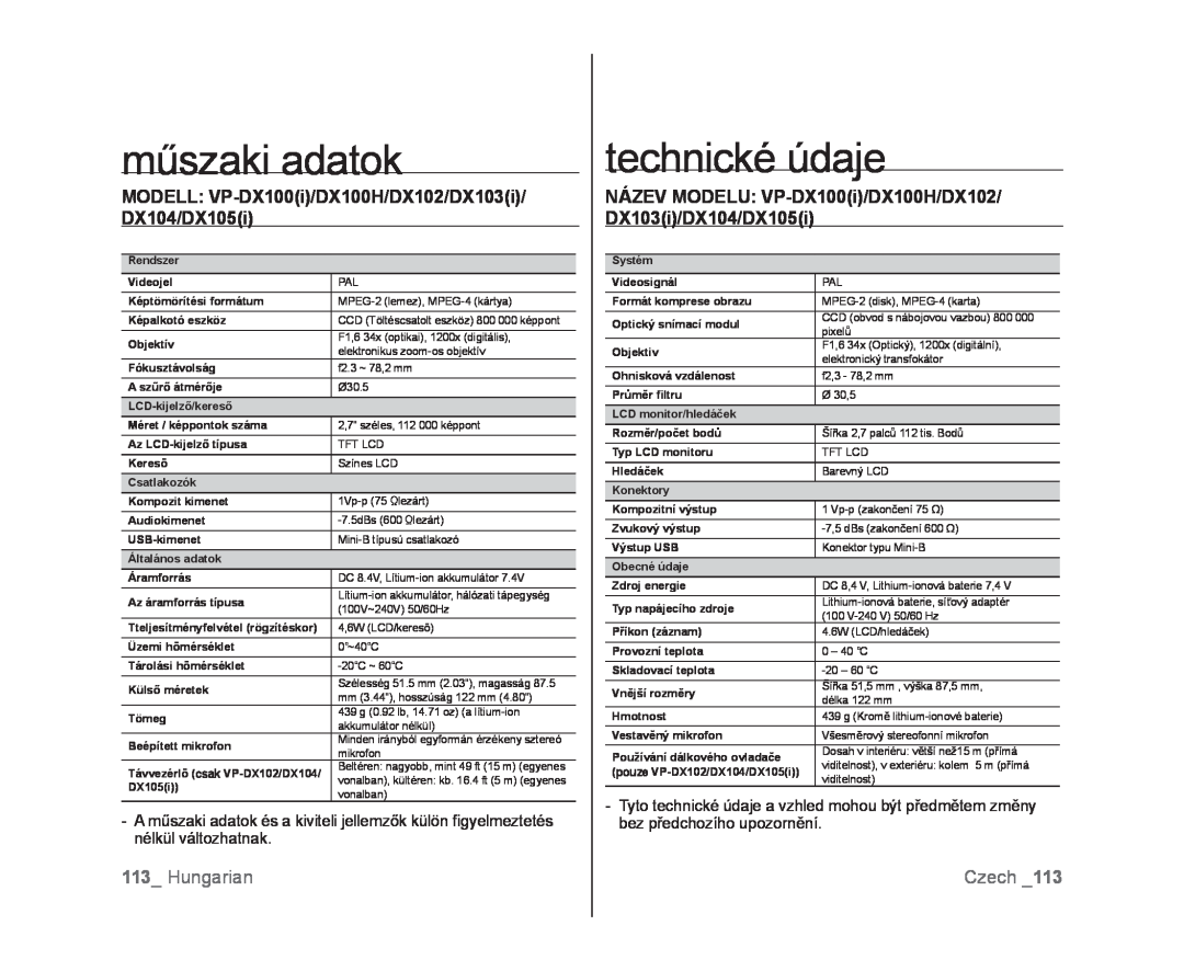 Samsung VP-DX100/XEO műszaki adatok, technické údaje, Hungarian, MODELL VP-DX100i/DX100H/DX102/DX103i/ DX104/DX105i, Czech 