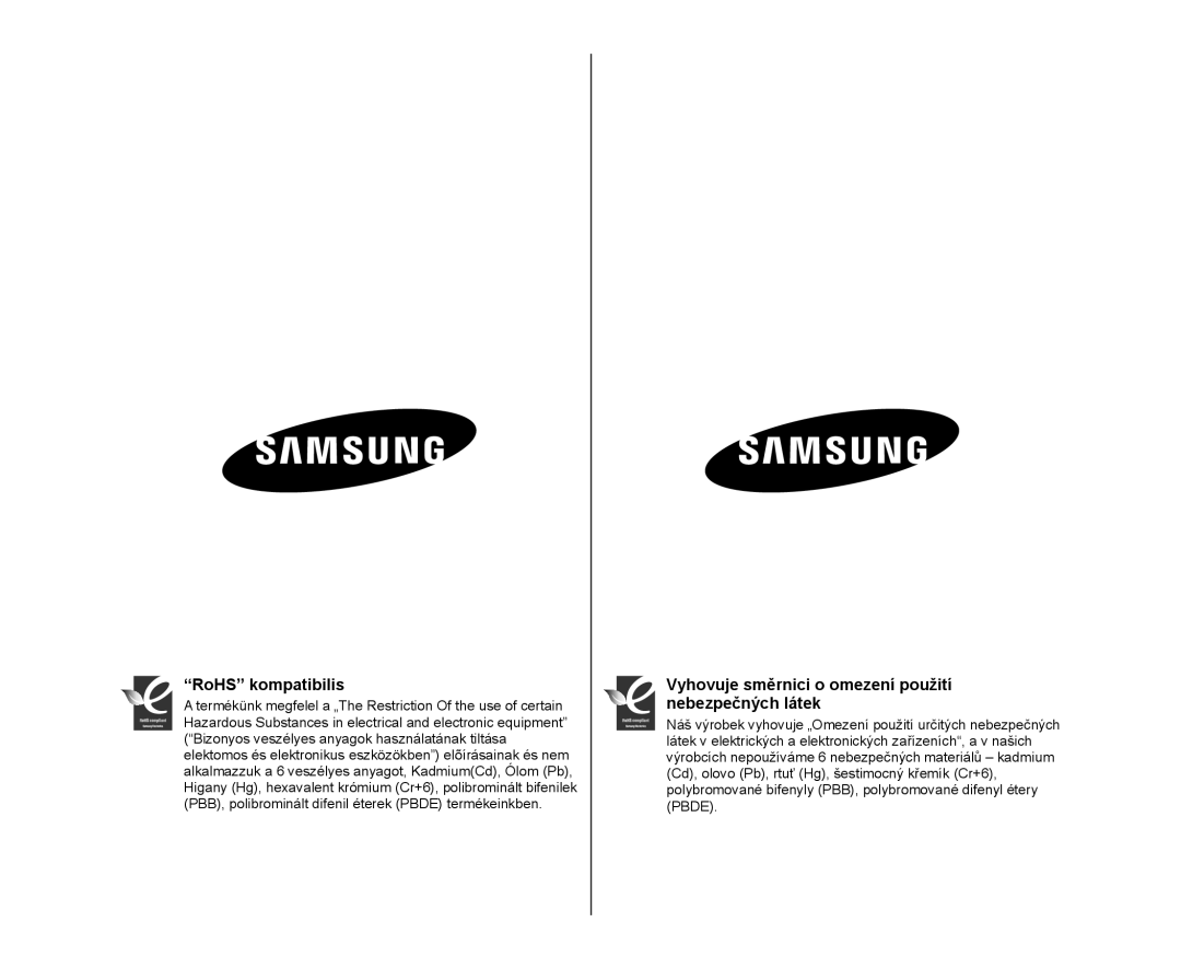 Samsung VP-DX100/XEO manual “RoHS” kompatibilis, Vyhovuje směrnici o omezení použití nebezpečných látek 