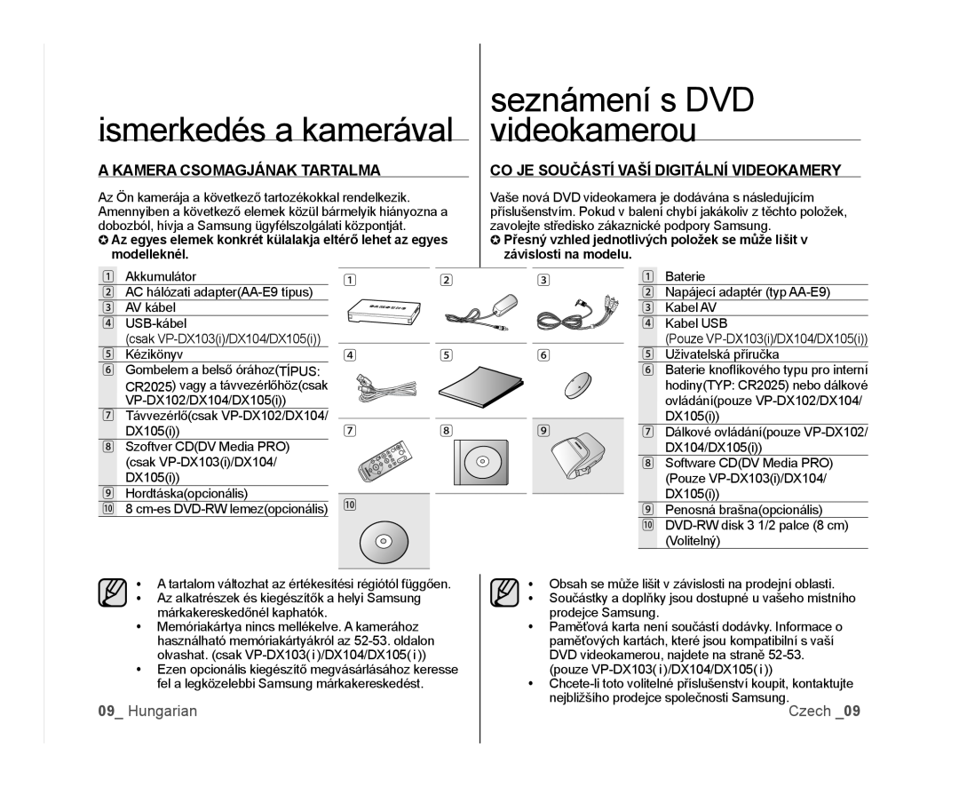 Samsung VP-DX100/XEO manual ismerkedés a kamerával, seznámení s DVD, videokamerou, A Kamera Csomagjának Tartalma, Hungarian 