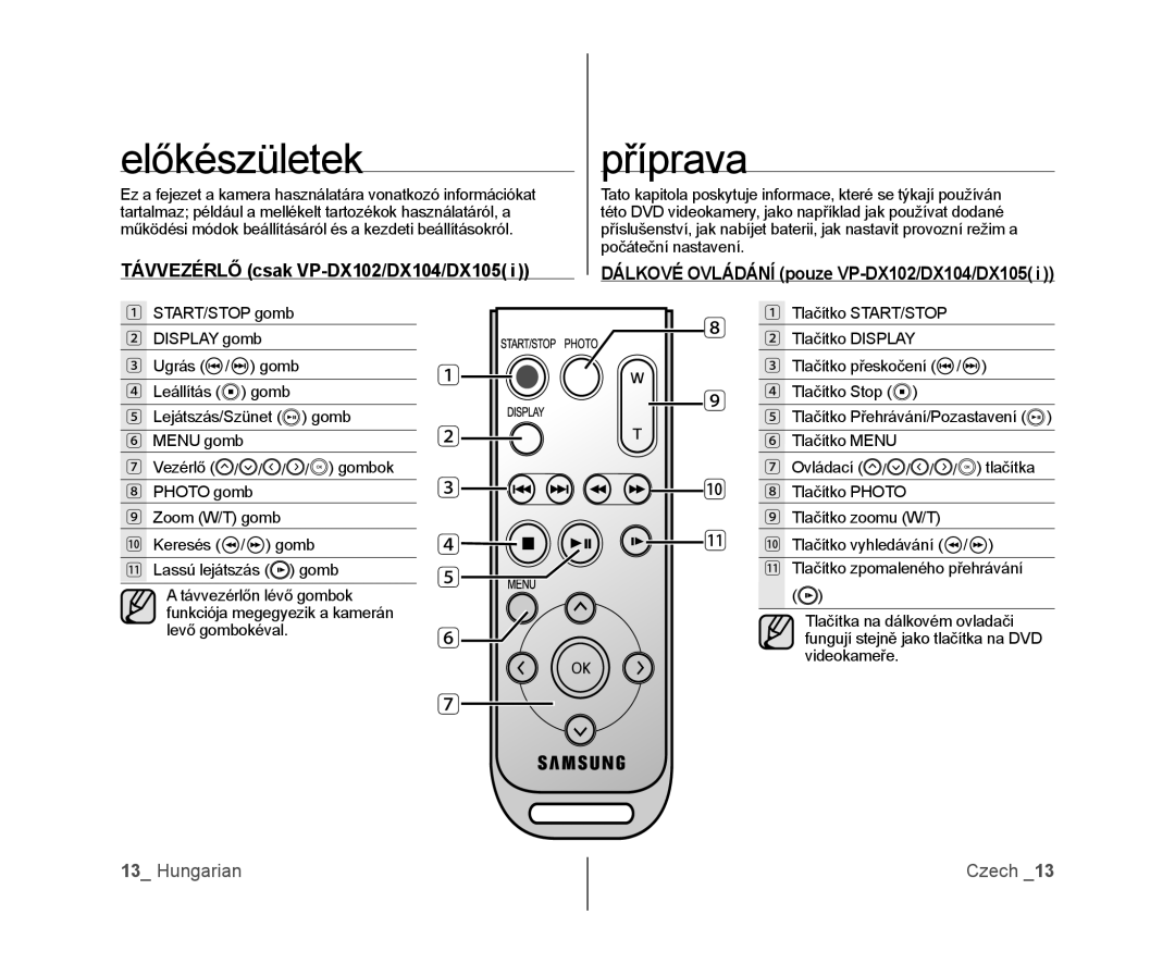 Samsung VP-DX100/XEO manual előkészületek, příprava, TÁVVEZÉRLŐ csak VP-DX102/DX104/DX105, Hungarian, Czech 