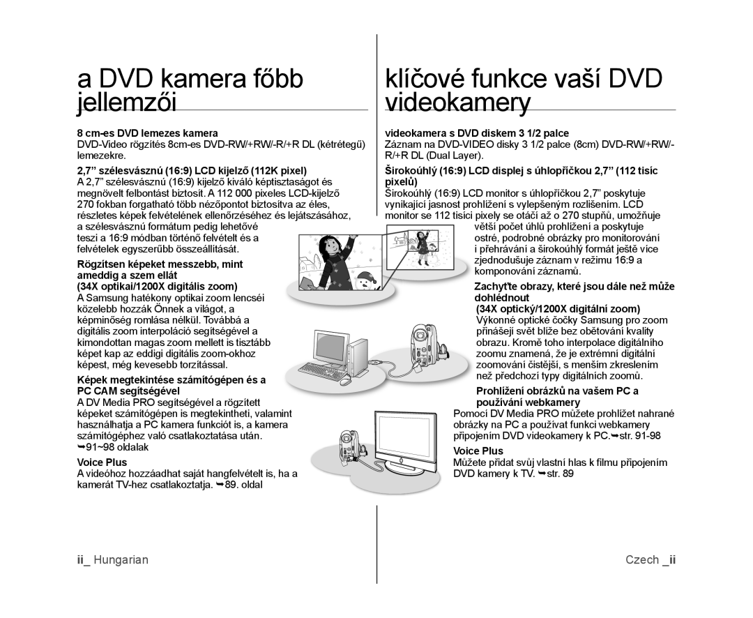 Samsung VP-DX100/XEO a DVD kamera főbb, klíčové funkce vaší DVD, jellemzői, videokamery, ii Hungarian, Czech, Voice Plus 