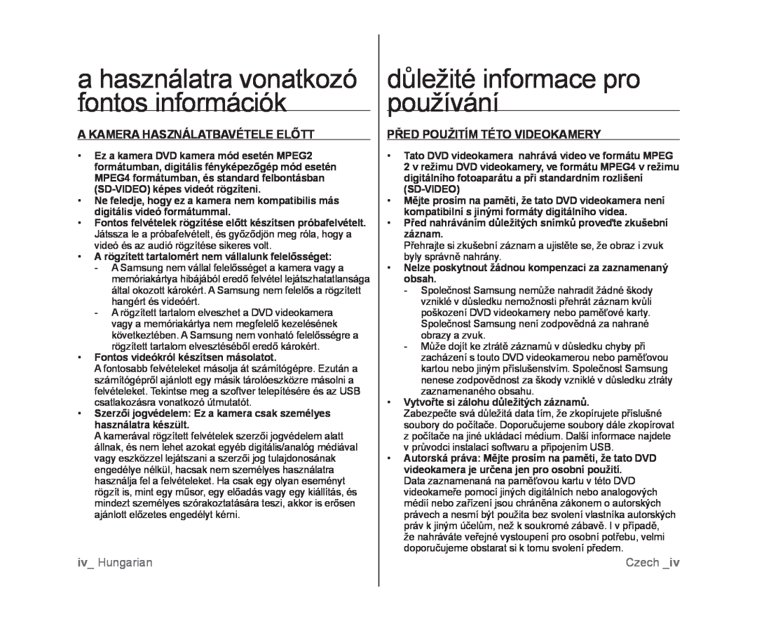 Samsung VP-DX100/XEO důležité informace pro používání, a használatra vonatkozó fontos információk, iv Hungarian, Czech 