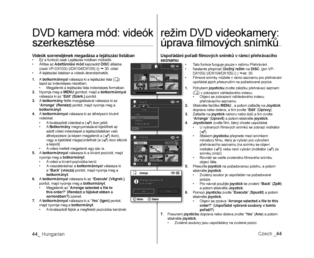 Samsung VP-DX100/XEO Hungarian, seznamu, DVD kamera mód videók, szerkesztése, režim DVD videokamery, Czech, botkormányt 