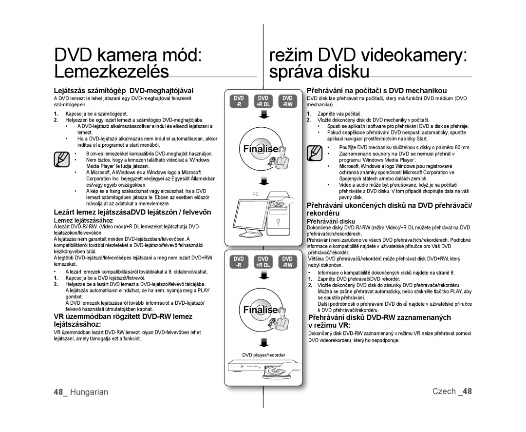 Samsung VP-DX100/XEO DVD kamera mód Lemezkezelés, režim DVD videokamery správa disku, Hungarian, Finalise, Czech, +R Dl 