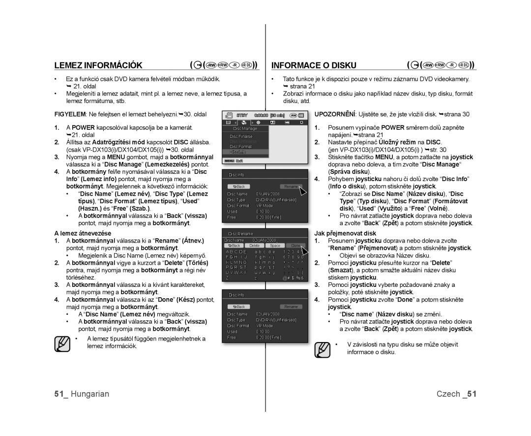 Samsung VP-DX100/XEO manual Lemez Információk, Informace O Disku, Hungarian, Czech, Správa disku, Haszn. és “Free ” Szab 