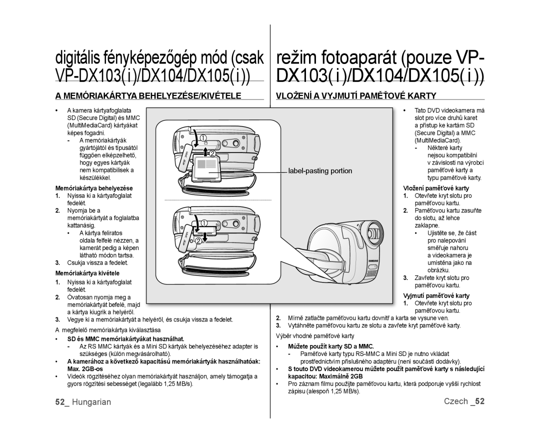 Samsung VP-DX100/XEO režim fotoaparát pouze VP, VP-DX103i/DX104/DX105i, digitális fényképezőgép mód csak, Hungarian 