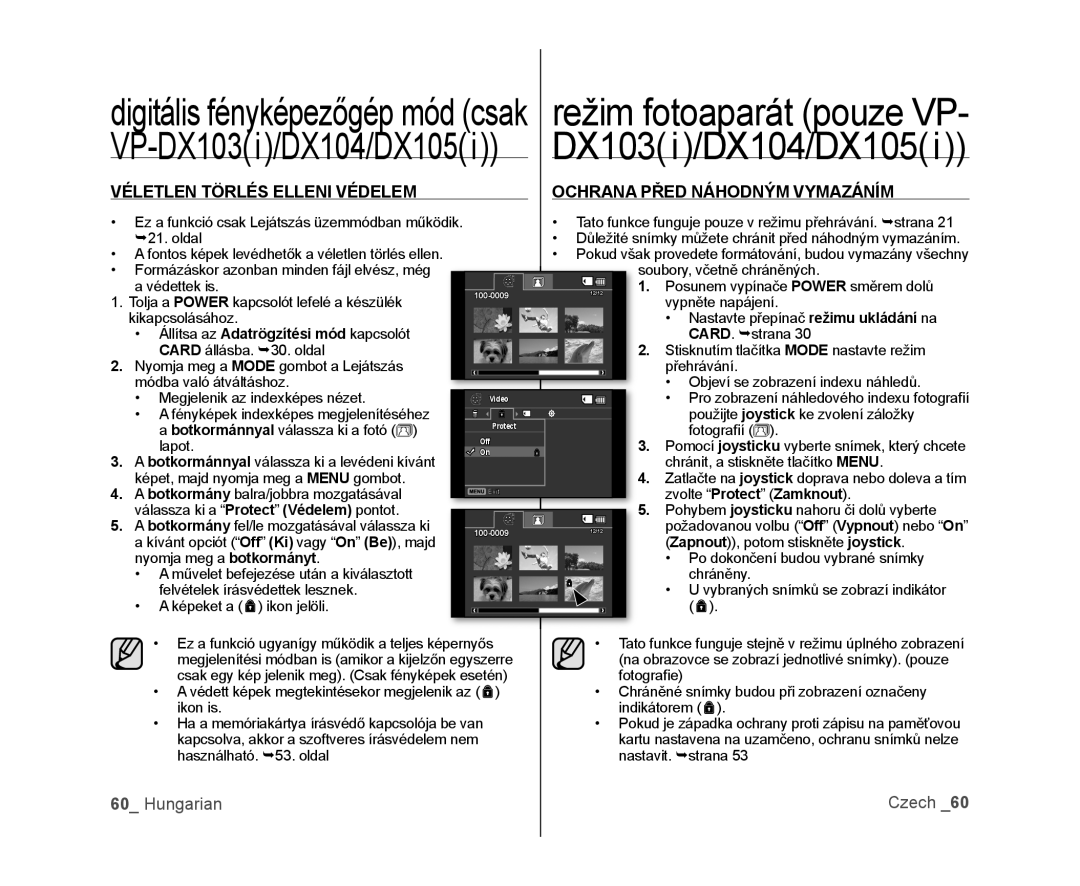 Samsung VP-DX100/XEO manual Véletlen Törlés Elleni Védelem, Ochrana Před Náhodným Vymazáním, Hungarian, DX103i/DX104/DX105i 