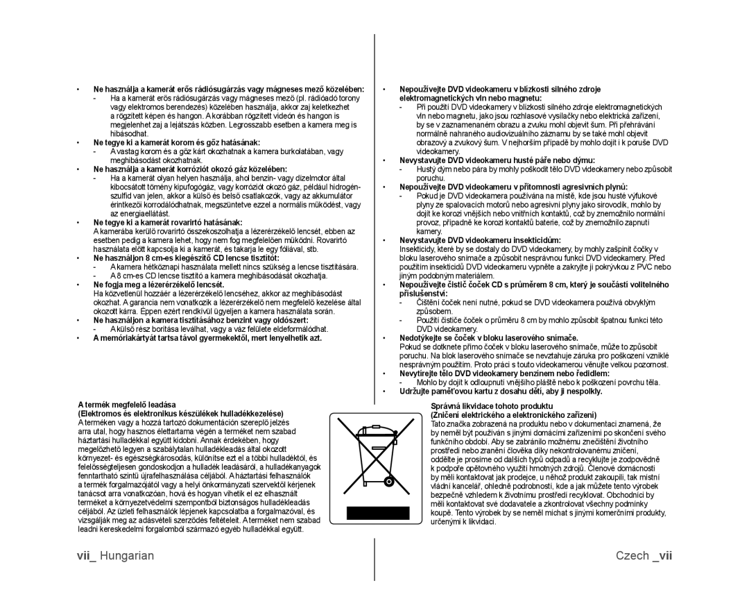 Samsung VP-DX100/XEO manual vii Hungarian, Czech 