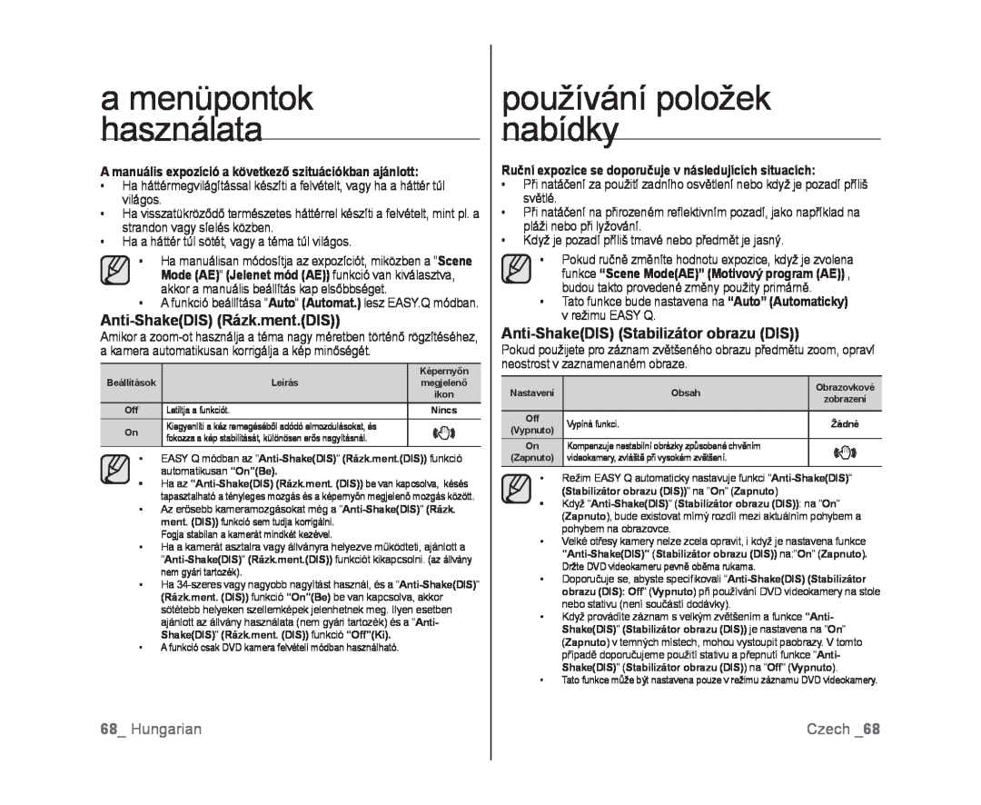 Samsung VP-DX100/XEO manual Anti-ShakeDIS Rázk.ment.DIS, Anti-ShakeDIS Stabilizátor obrazu DIS, Hungarian, Czech 