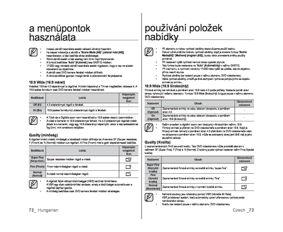 Samsung VP-DX100/XEO manual Hungarian, Wide 169 méret, Quality minőség, Wide 169 širokoúhlý, Quality Kvalita, Czech 