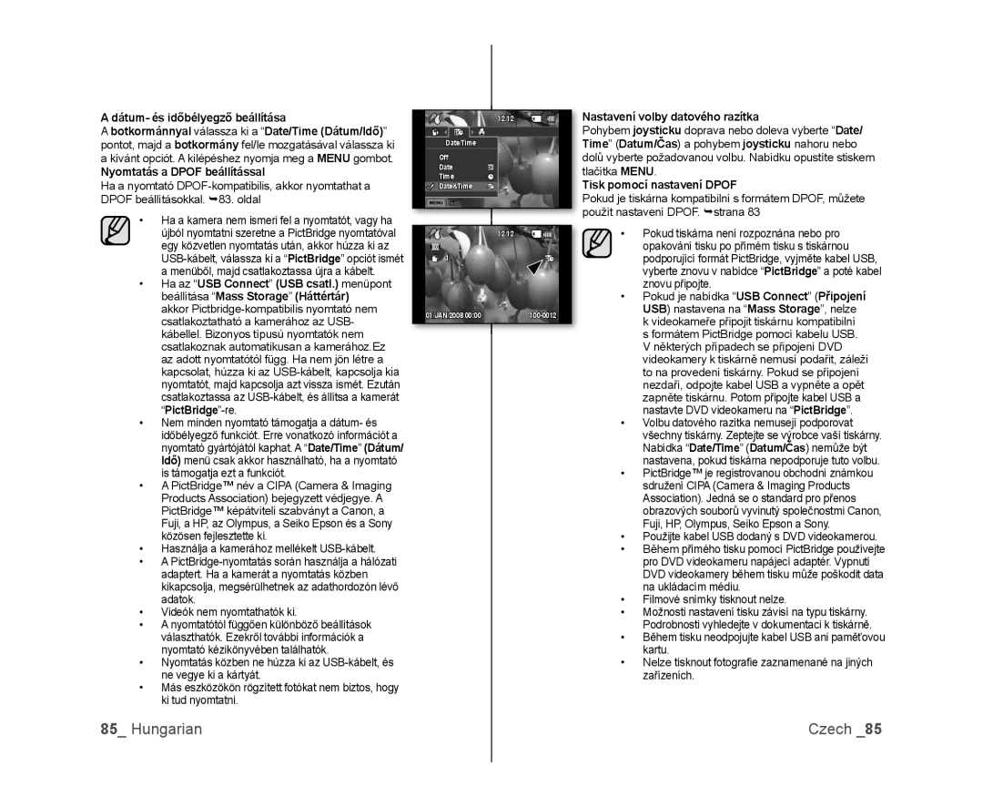 Samsung VP-DX100/XEO manual Hungarian, Czech, A dátum- és időbélyegző beállítása, Nyomtatás a DPOF beállítással 