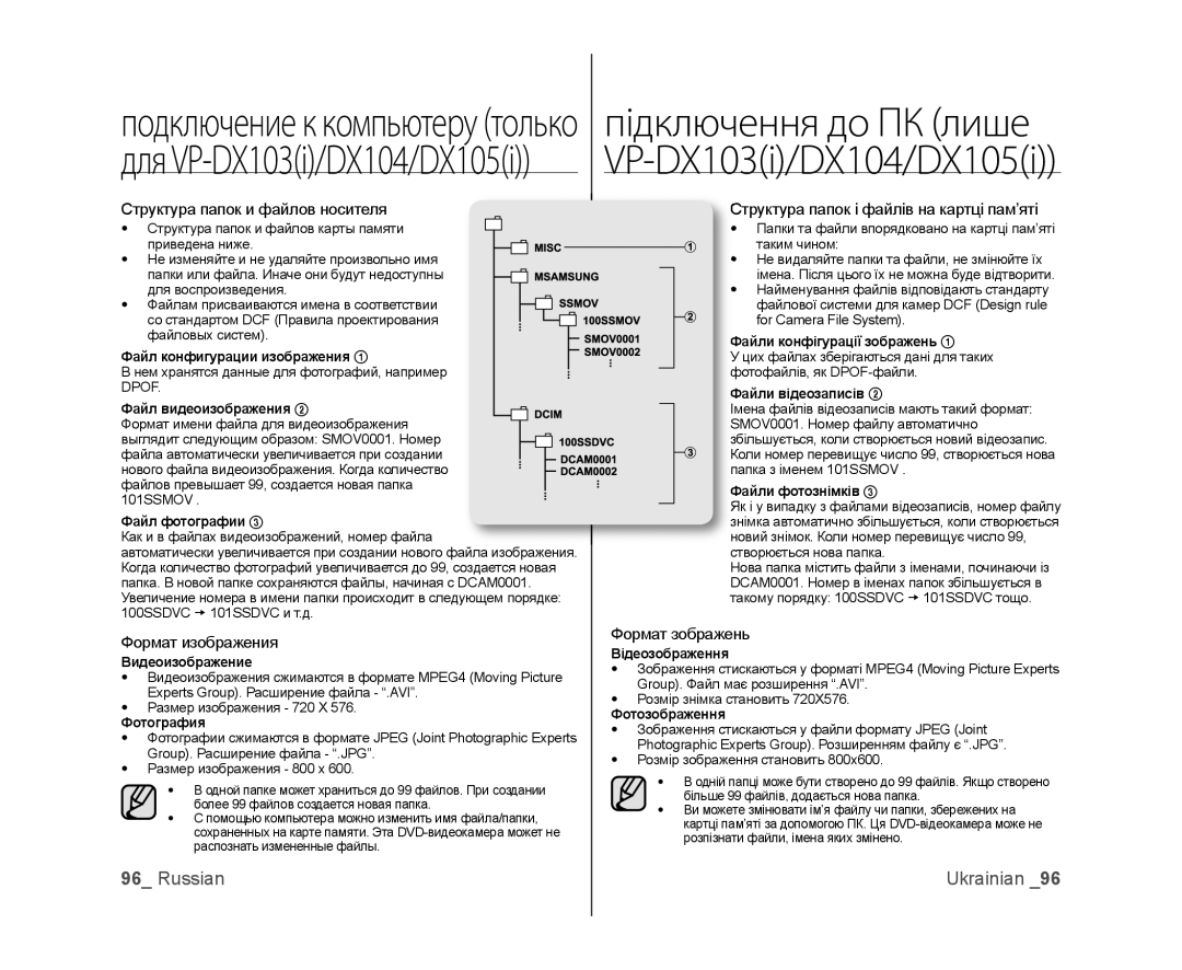 Samsung VP-DX100I/XEK Структура папок и файлов носителя, Формат изображения, Труктура папок і файлів на картці пам’яті 