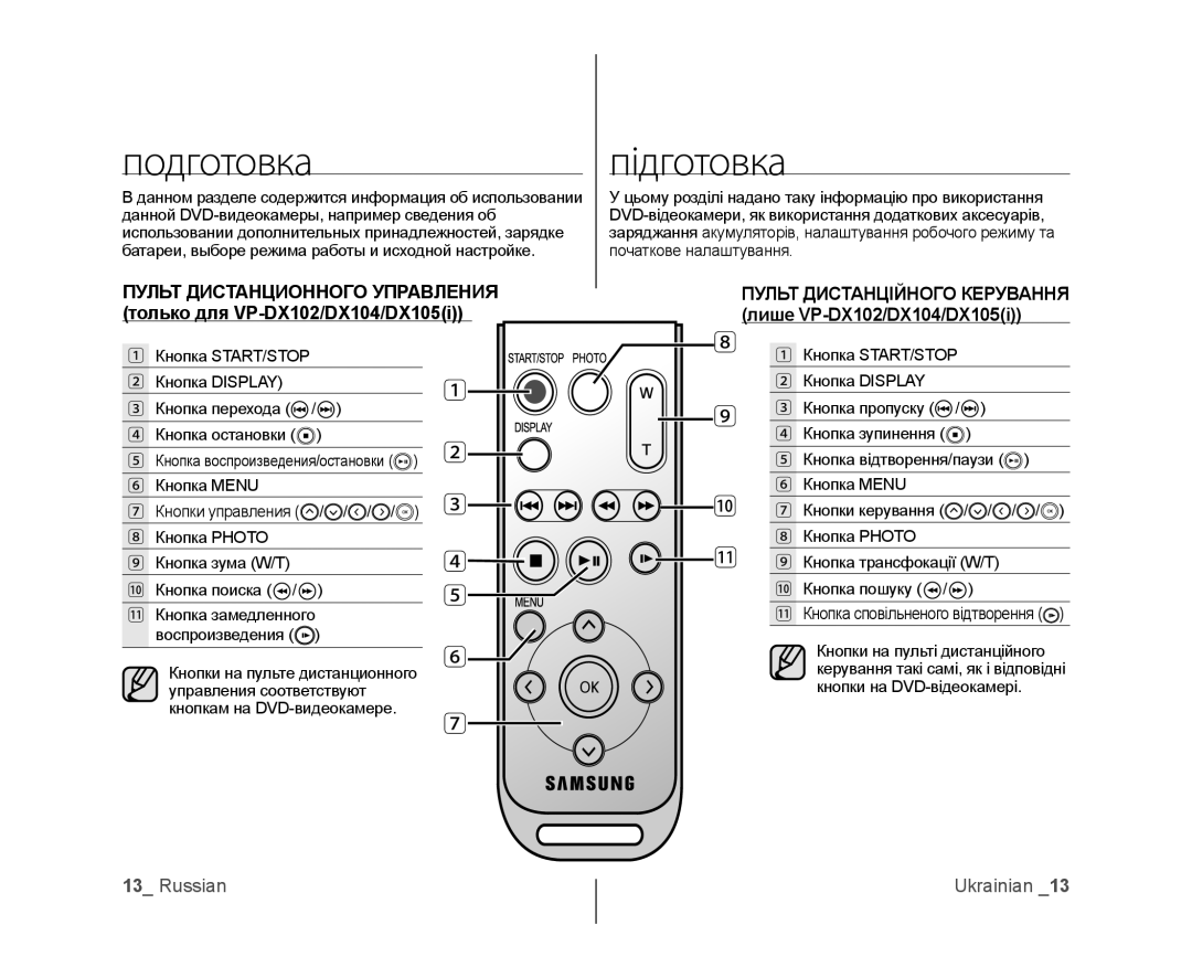 Samsung VP-MX25E/XER, VP-DX103/XEE, VP-DX103I/XER, VP-DX103I/XEK Подготовка, Підготовка, Кнопка воспроизведения/остановки 