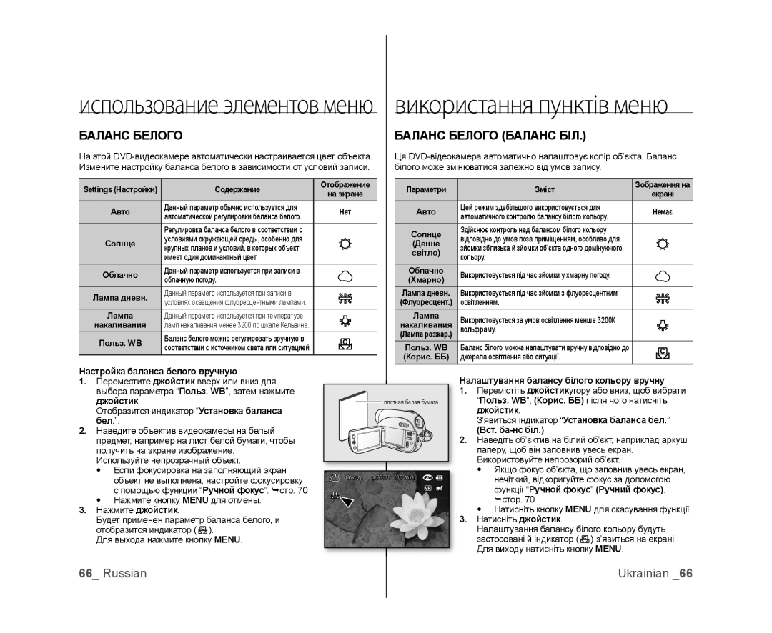 Samsung VP-DX103/XEE, VP-DX103I/XER, VP-DX103I/XEK manual Баланс Белого Баланс БІЛ, Настройка баланса белого вручную 