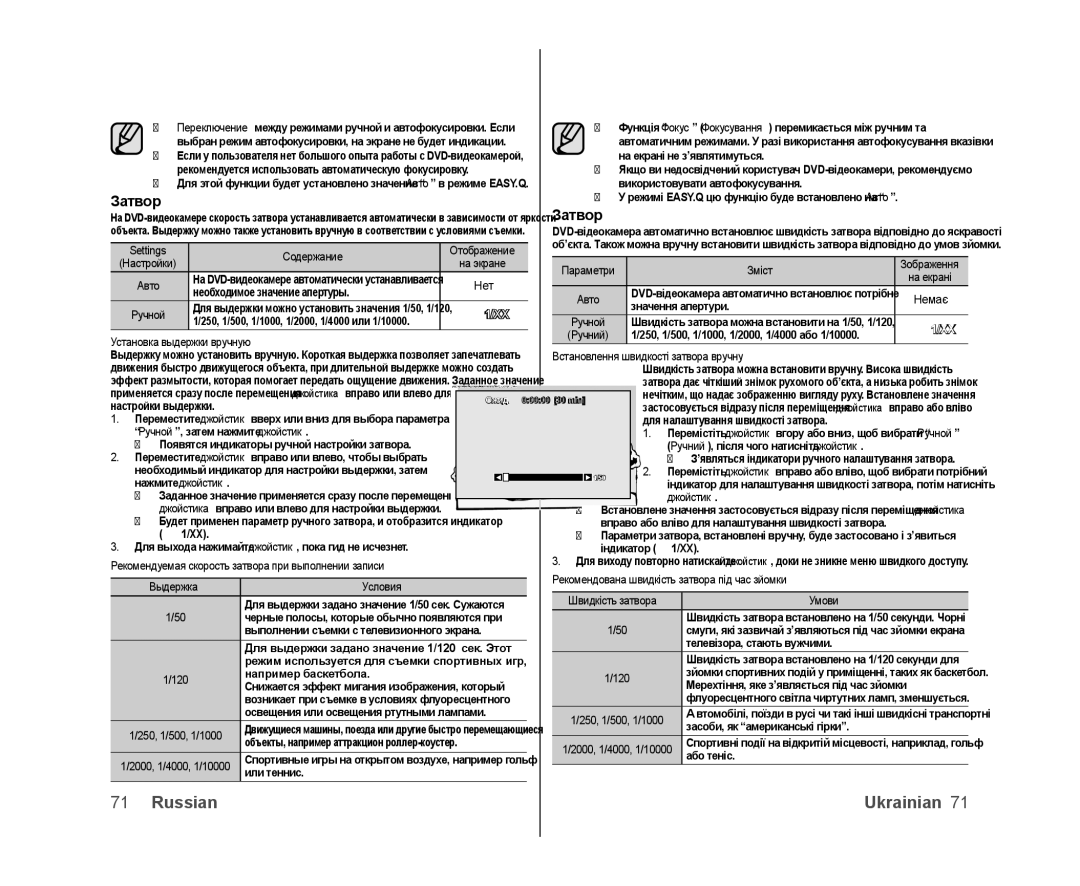 Samsung VP-DX105I/XER, VP-DX103/XEE, VP-DX103I/XER, VP-DX103I/XEK, VP-MX25E/XER, VP-DX100I/XER, VP-DX100I/XEK manual Затвор 