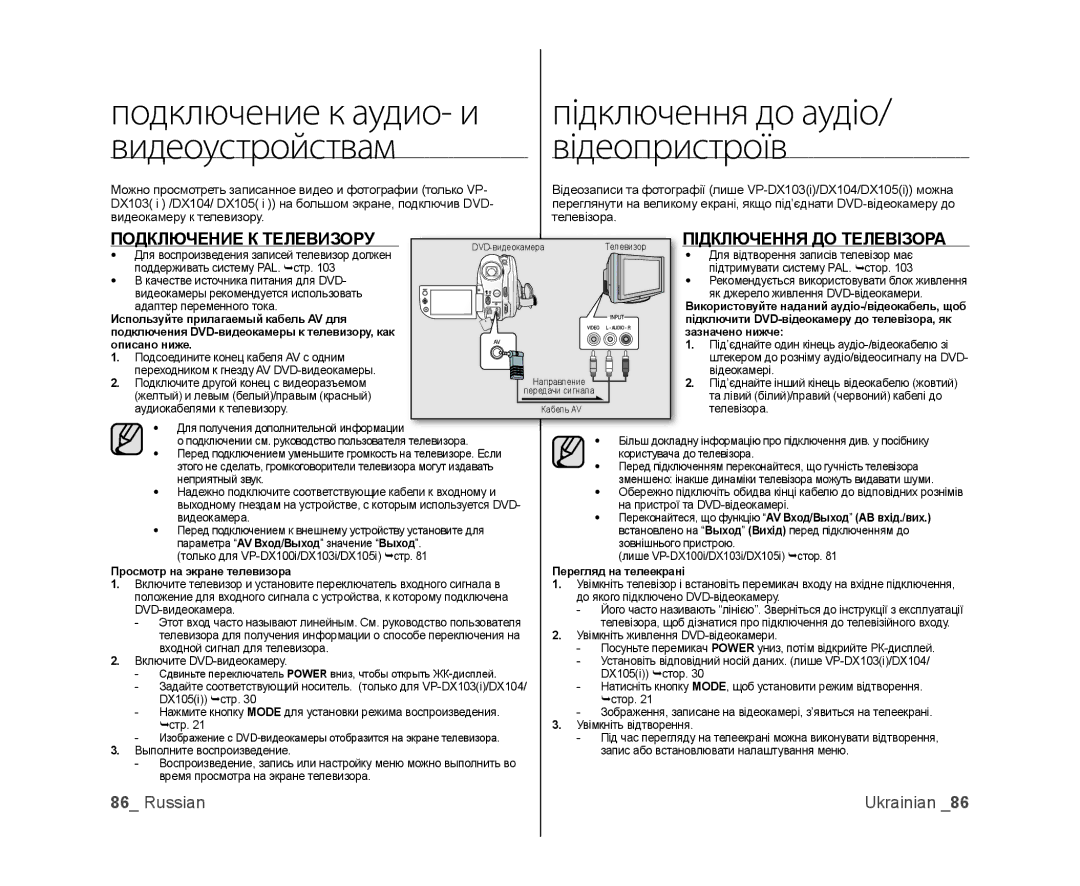 Samsung VP-DX100I/XER Подключение К Телевизору, Підключення ДО Телевізора, Використовуйте наданий аудіо-/відеокабель, щоб 