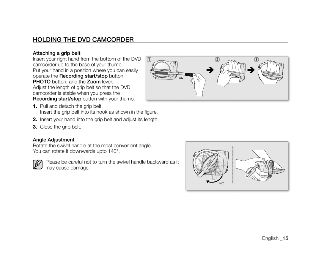 Samsung VP-DX105(i), VP-DX104, VP-DX102, VP-DX103(i), VP-DX100H user manual  , Holding the DVD Camcorder 