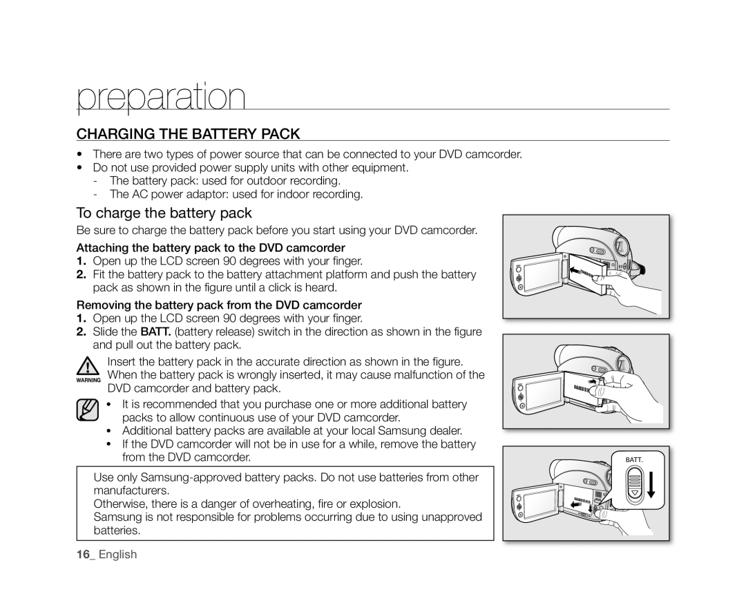 Samsung VP-DX102, VP-DX104, VP-DX105(i), VP-DX103(i), VP-DX100H Charging the Battery Pack, To charge the battery pack 