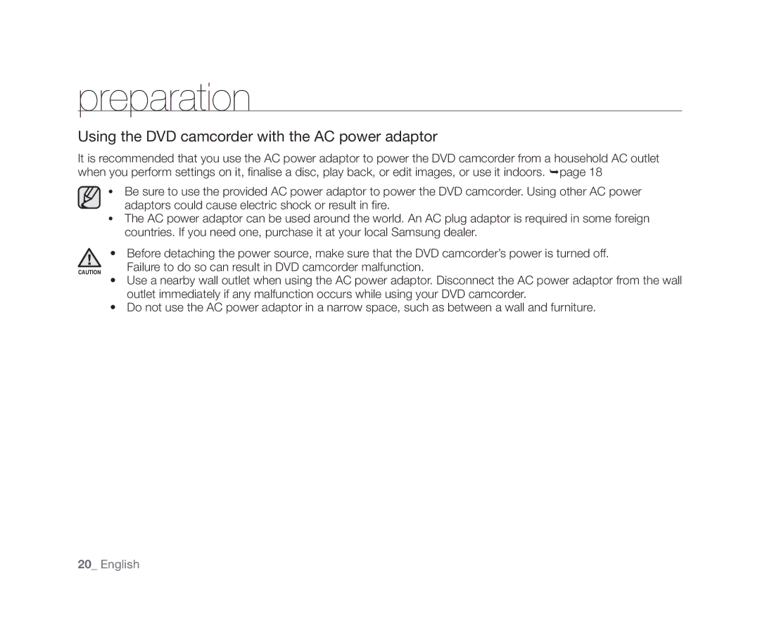 Samsung VP-DX105(i), VP-DX104, VP-DX102, VP-DX103(i), VP-DX100H user manual Using the DVD camcorder with the AC power adaptor 