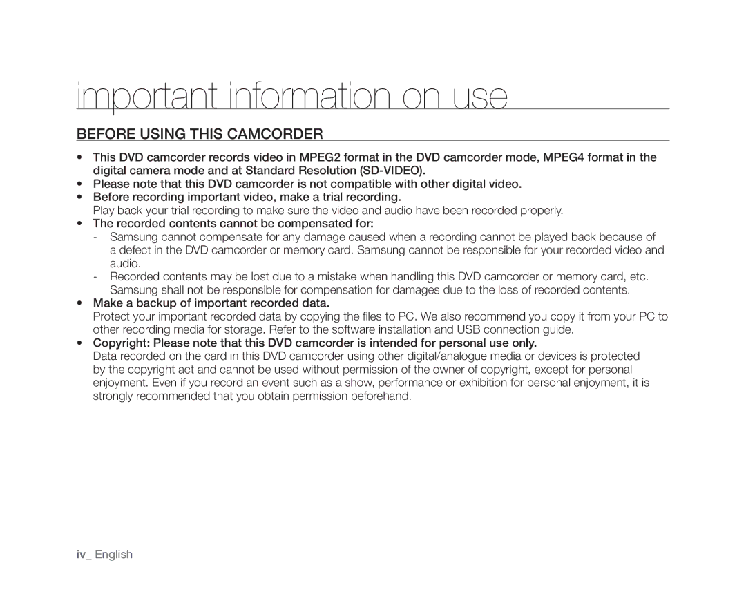 Samsung VP-DX100H, VP-DX104, VP-DX105(i), VP-DX102, VP-DX103(i) Important information on use, Before Using this Camcorder 