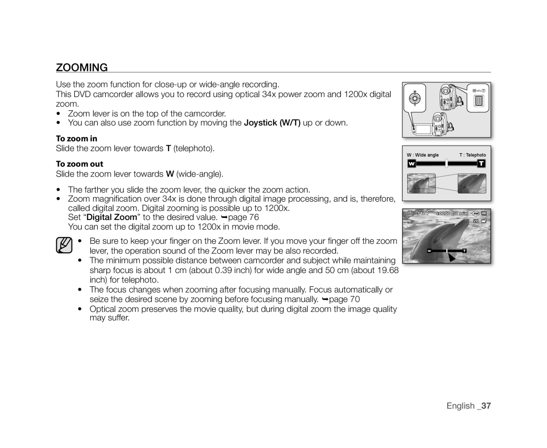 Samsung VP-DX103(i), VP-DX104, VP-DX105(i), VP-DX102, VP-DX100H user manual Wide angle Telephoto 