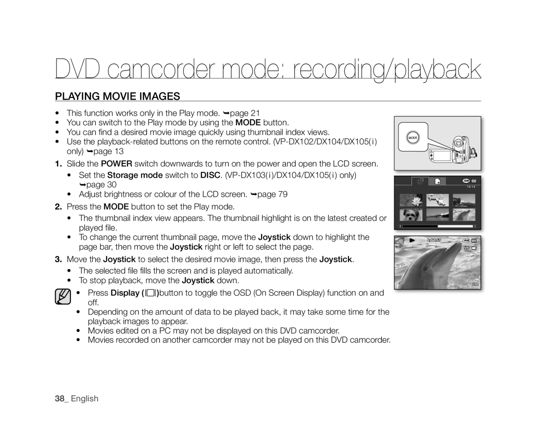 Samsung VP-DX100H, VP-DX104, VP-DX105(i), VP-DX102, VP-DX103(i) user manual Playing Movie Images 