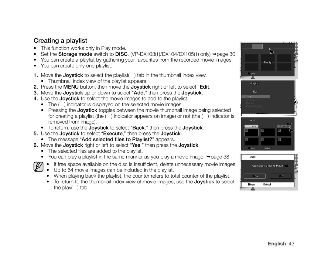 Samsung VP-DX100H, VP-DX104, VP-DX105(i), VP-DX102, VP-DX103(i) Creating a playlist, This function works only in Play mode 