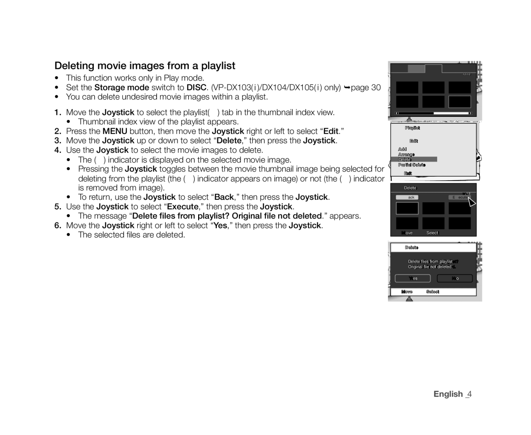 Samsung VP-DX105(i), VP-DX104, VP-DX102, VP-DX103(i), VP-DX100H user manual Deleting movie images from a playlist 