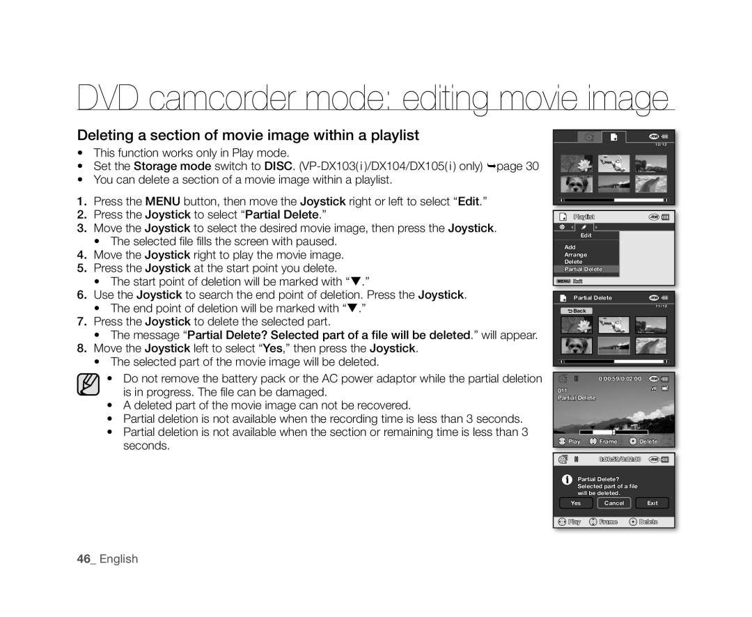 Samsung VP-DX102, VP-DX104, VP-DX105(i), VP-DX103(i), VP-DX100H user manual Deleting a section of movie image within a playlist 