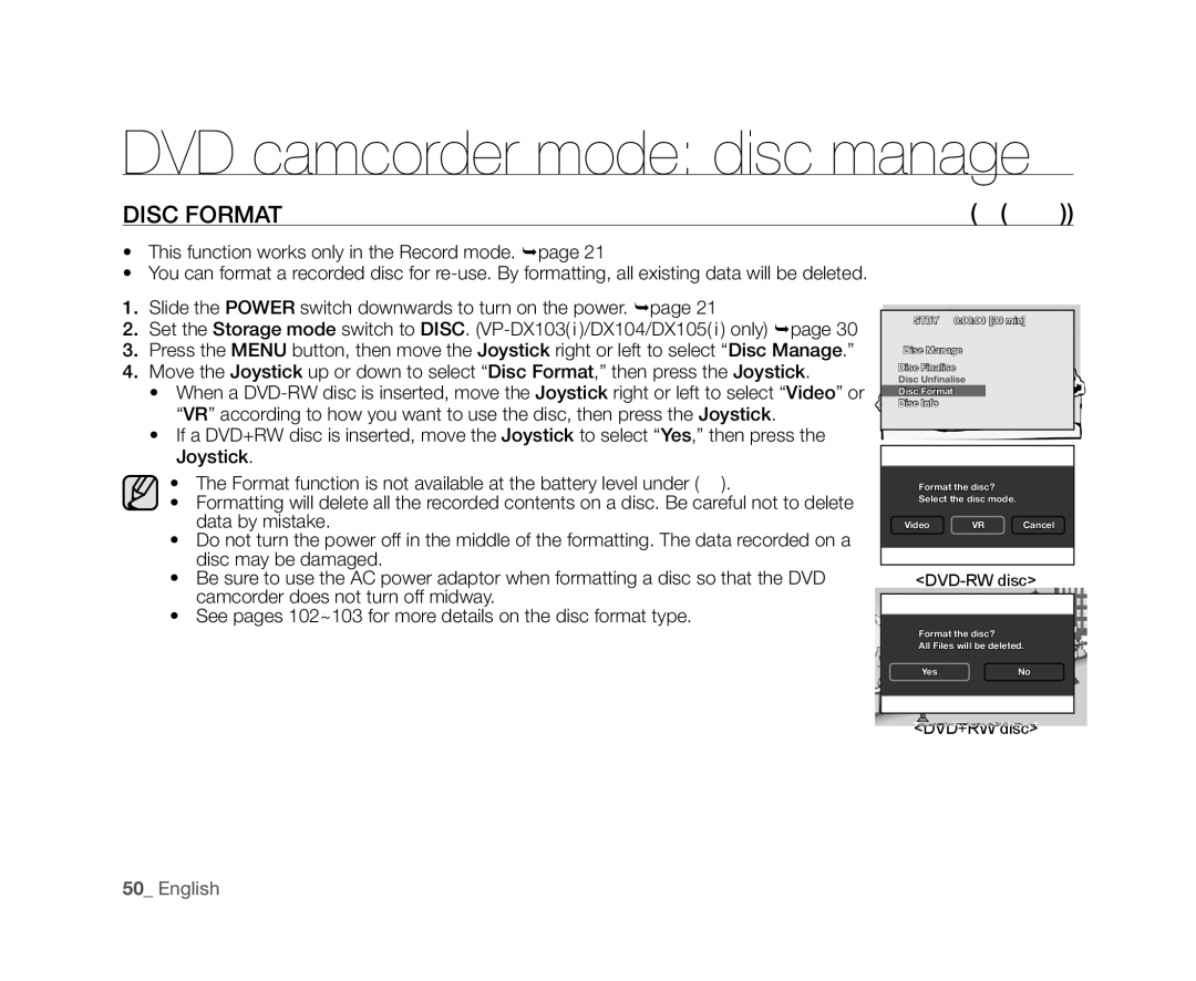 Samsung VP-DX105(i), VP-DX104, VP-DX102, VP-DX103(i), VP-DX100H user manual Disc Format, +Rw 