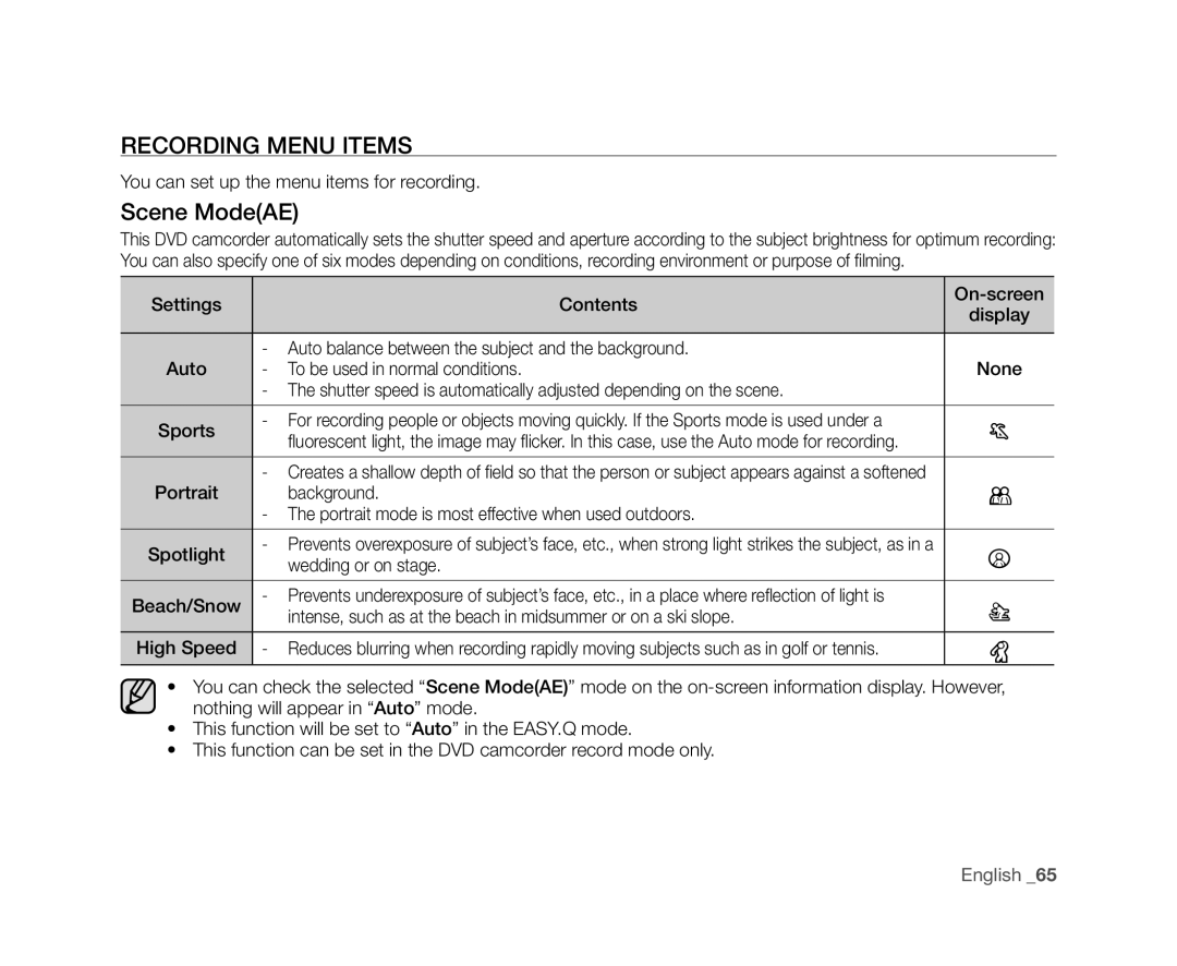 Samsung VP-DX105(i) Recording Menu Items, Scene ModeAE, You can set up the menu items for recording, Wedding or on stage 