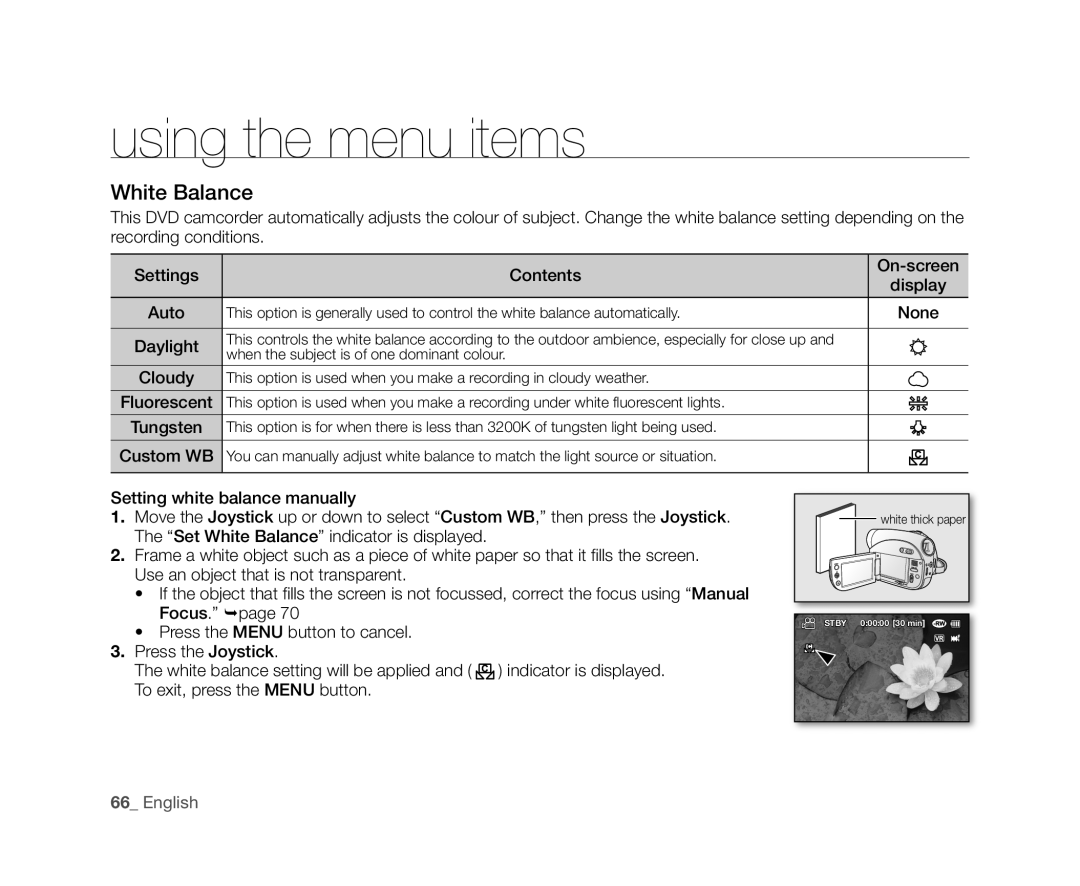 Samsung VP-DX102, VP-DX104, VP-DX105(i), VP-DX103(i), VP-DX100H user manual White Balance 