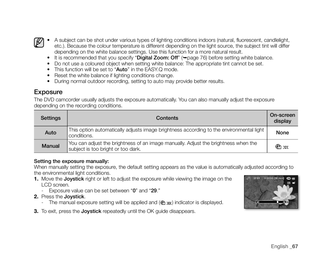 Samsung VP-DX103(i), VP-DX104, VP-DX105(i), VP-DX102, VP-DX100H user manual Exposure, Conditions, On-screen 