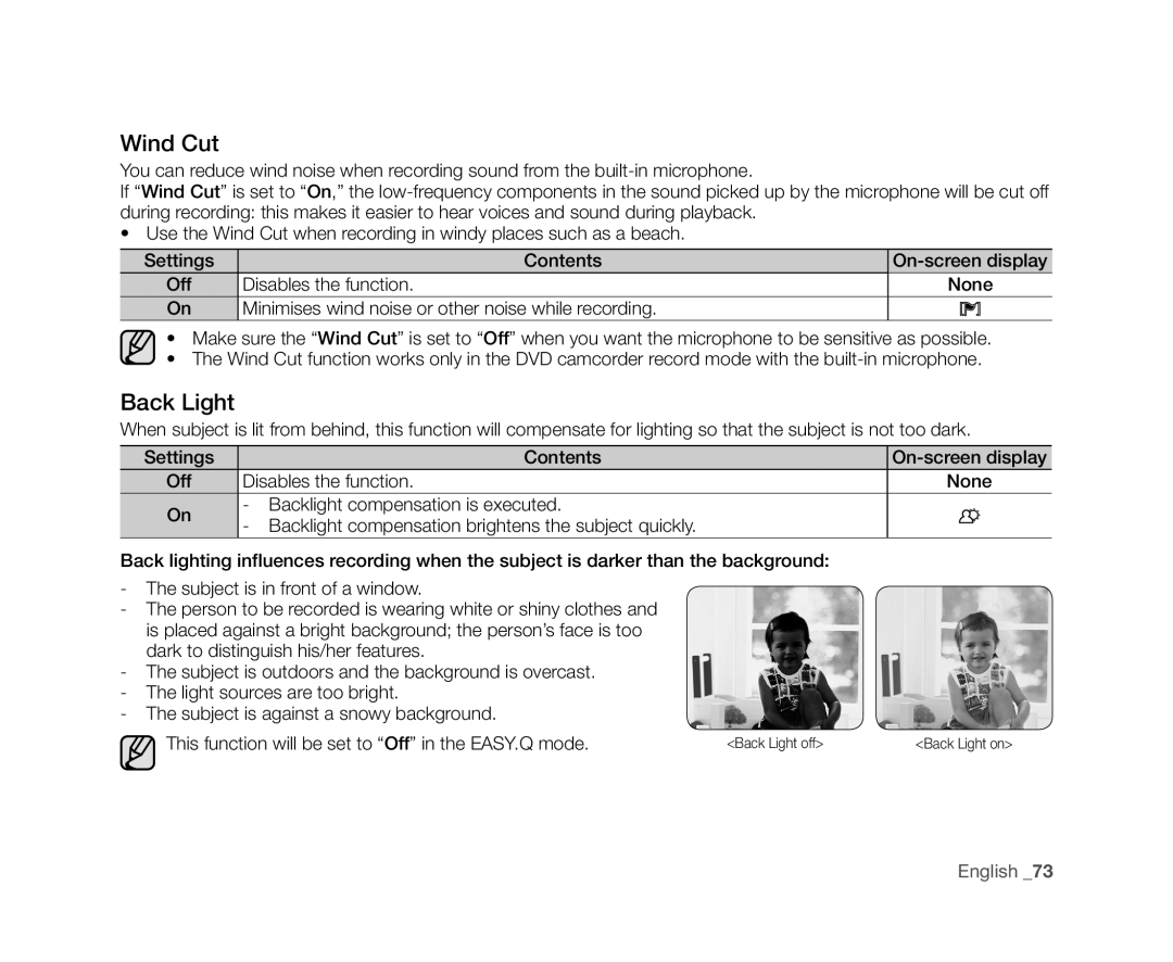 Samsung VP-DX100H, VP-DX104, VP-DX105(i), VP-DX102, VP-DX103(i) user manual Wind Cut, Back Light 