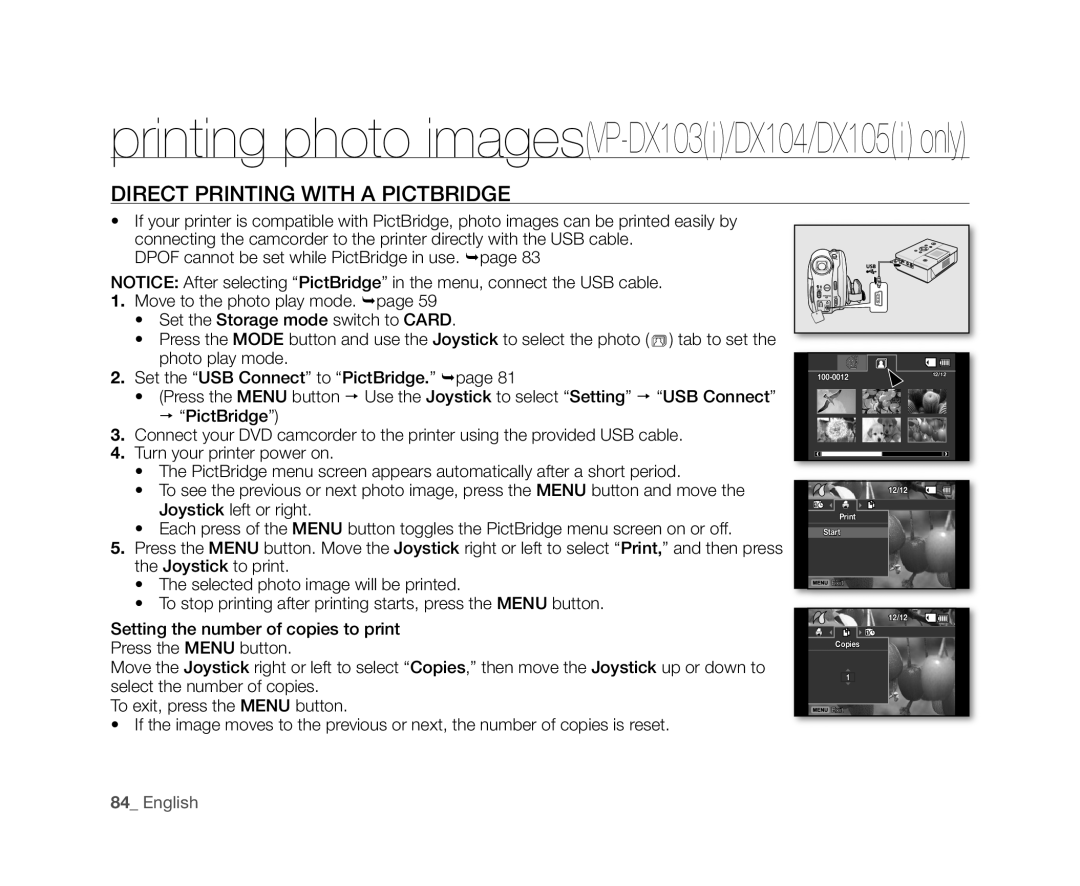 Samsung VP-DX104, VP-DX105(i), VP-DX102, VP-DX103(i), VP-DX100H user manual Direct Printing with a Pictbridge 