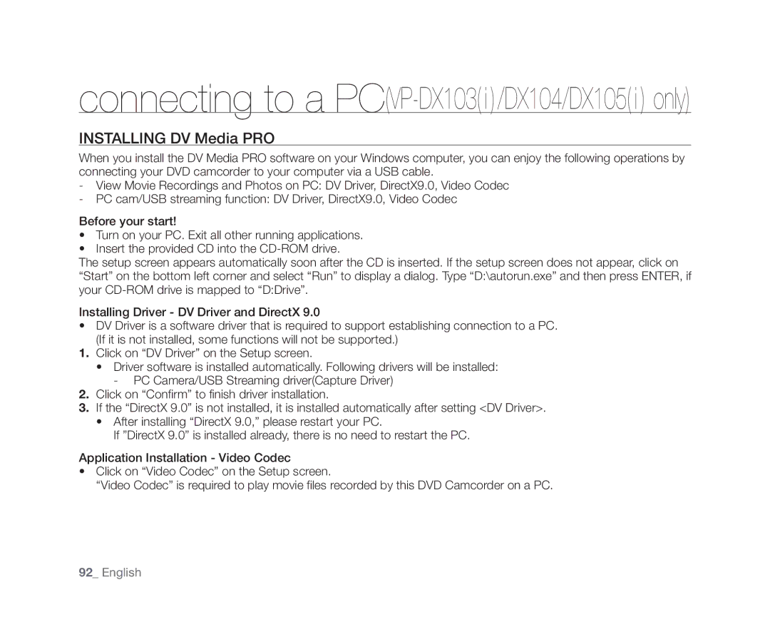 Samsung VP-DX103(i), VP-DX104, VP-DX105(i), VP-DX102 Connecting to a PCVP-DX103i/DX104/DX105i only, Installing DV Media PRO 