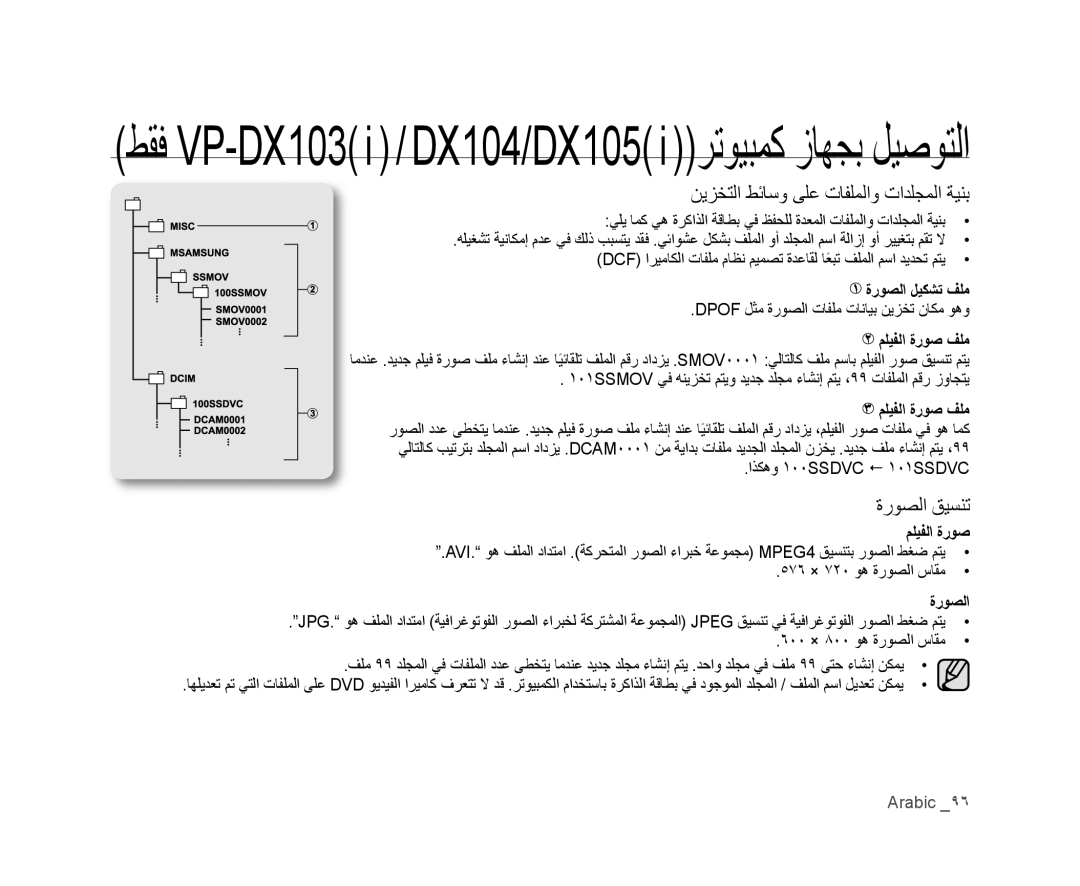 Samsung VP-DX105I/MEA, VP-DX105I/UMG, VP-DX100/ADL ﻦﻳﺰﺨﺘﻟﺍ ﻂﺋﺎﺳﻭ ﻰﻠﻋ ﺕﺎﻔﻠﻤﻟﺍﻭ ﺕﺍﺪﻠﺠﻤﻟﺍ ﺔﻴﻨﺑ, ﺓﺭﻮﺼﻟﺍ ﻖﻴﺴﻨﺗ, ﺓﺭﻮﺼﻟﺍ ﻞﻴﻜﺸﺗ ﻒﻠﻣ 