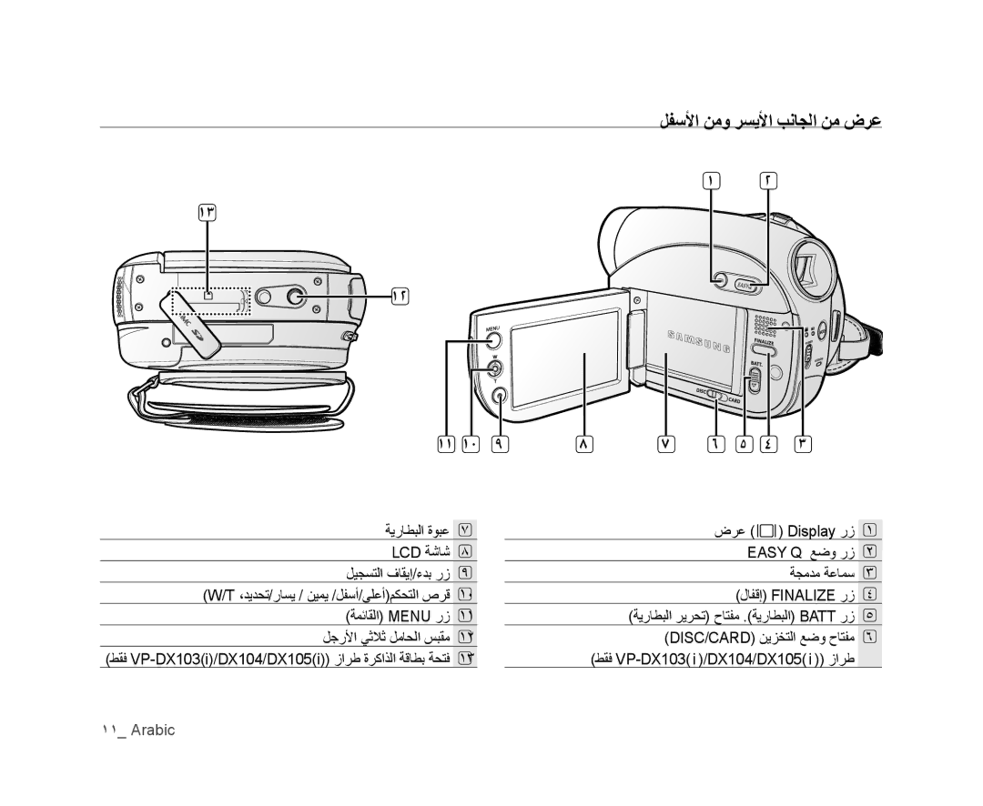 Samsung VP-DX105/KNT, VP-DX105I/UMG, VP-DX100/ADL, VP-MX25E/MEA, VP-DX105I/MEA manual ﻞﻔﺳﻷﺍ ﻦﻣﻭ ﺮﺴﻳﻷﺍ ﺐﻧﺎﺠﻟﺍ ﻦﻣ ﺽﺮﻋ, ١١ ١٠ 