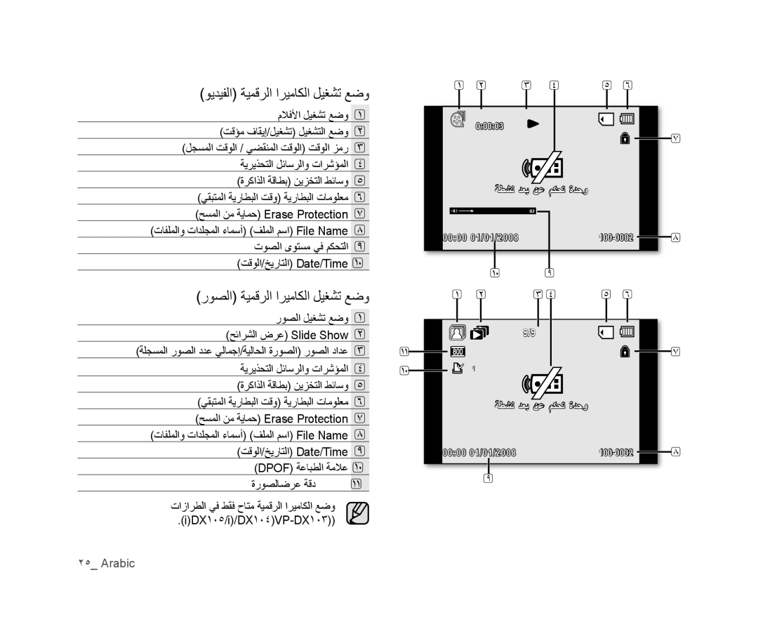 Samsung VP-MX25E/HAC, VP-DX105I/UMG, VP-DX100/ADL manual ﻮﻳﺪﻴﻔﻟﺍ ﺔﻴﻤﻗﺮﻟﺍ ﺍﺮﻴﻣﺎﻜﻟﺍ ﻞﻴﻐﺸﺗ ﻊﺿﻭ, ﺭﻮﺼﻟﺍ ﺔﻴﻤﻗﺮﻟﺍ ﺍﺮﻴﻣﺎﻜﻟﺍ ﻞﻴﻐﺸﺗ ﻊﺿﻭ 